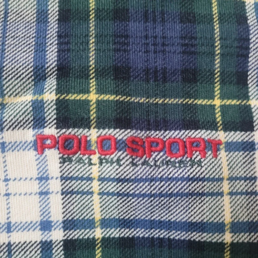 VTG Polo Sport Ralph Lauren Plaid Sweatshirt Small Green Blue Tartan 90 Crewneck